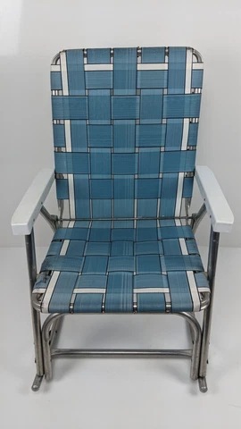 Vintage Webbed Rocking Folding Lawn Chair Patio Aluminum Camping Yard Blue/White Cover