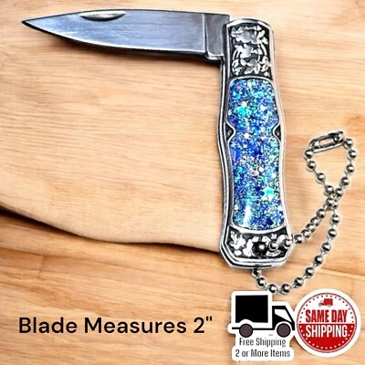 Blue Glitter 4" Stainless Mini Manual Pocket Folding Knife Camping Woodwork - Image 1 of 3