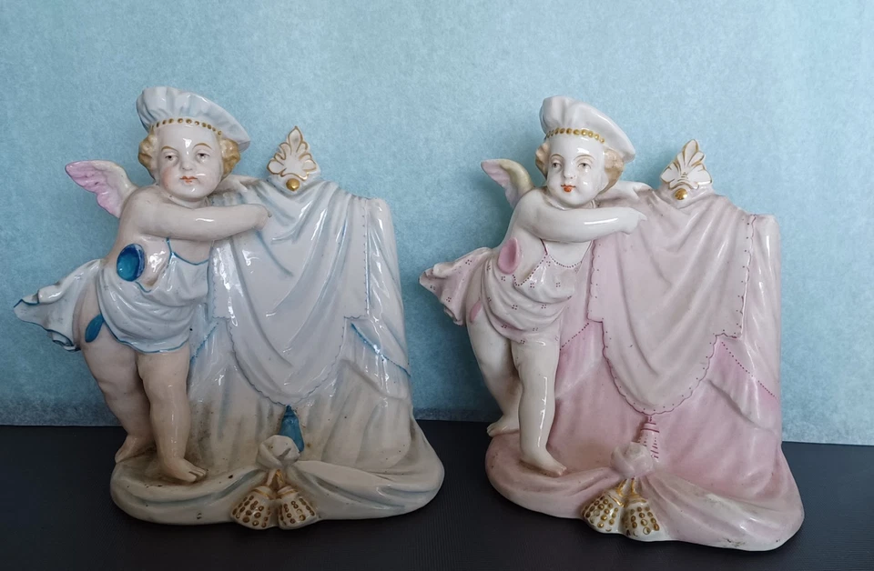 paire ancien PORTE MENU angelots porcelaine signée - Photo 1/4