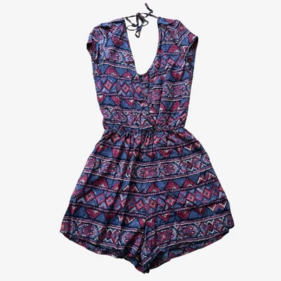 Mameluco Hollister para mujer estampado boho cuello en V manga corta, azul púrpura talla XS Foto 1 de 4
