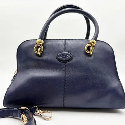 TOD'S Bolso de Hombro de Mano Bolso Cartera 2 Vías Cuero Azul Marino Oscuro Auténtico Foto 1 de 4