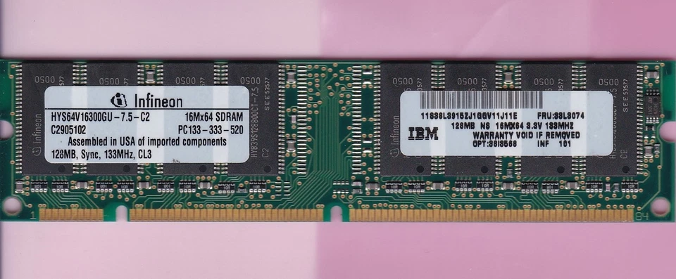 128MB PC-133 INFINEON HYS64V16300GU-7.5-C2 IBM 33L3074 PC133 3.3V SDRAM STICK - Image 1 of 2