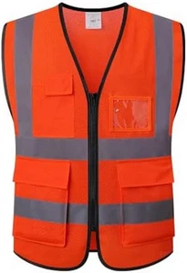 High Visibility Safety Vest Reflective w 5 Pockets Meets ANSI/ISEA Orange Work - Picture 1 of 6