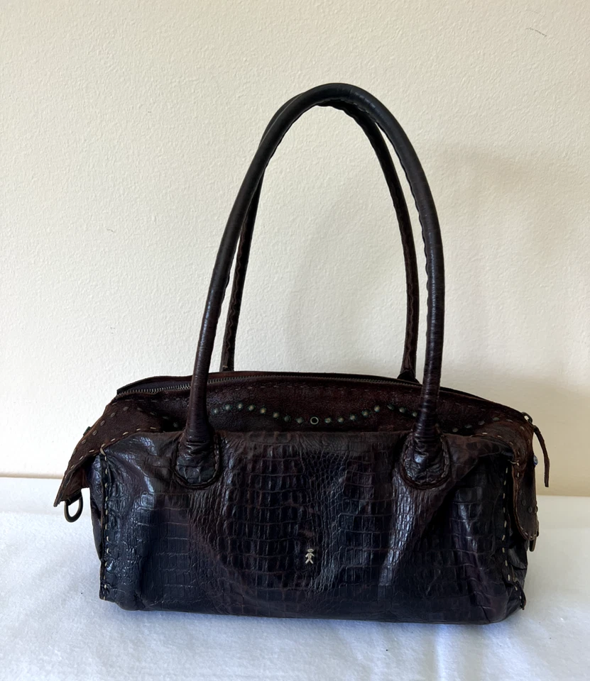 Bolso de cuero HENRY BEGUELIN marrón chocolate envejecido cocodrilo en relieve. Foto 1 de 4
