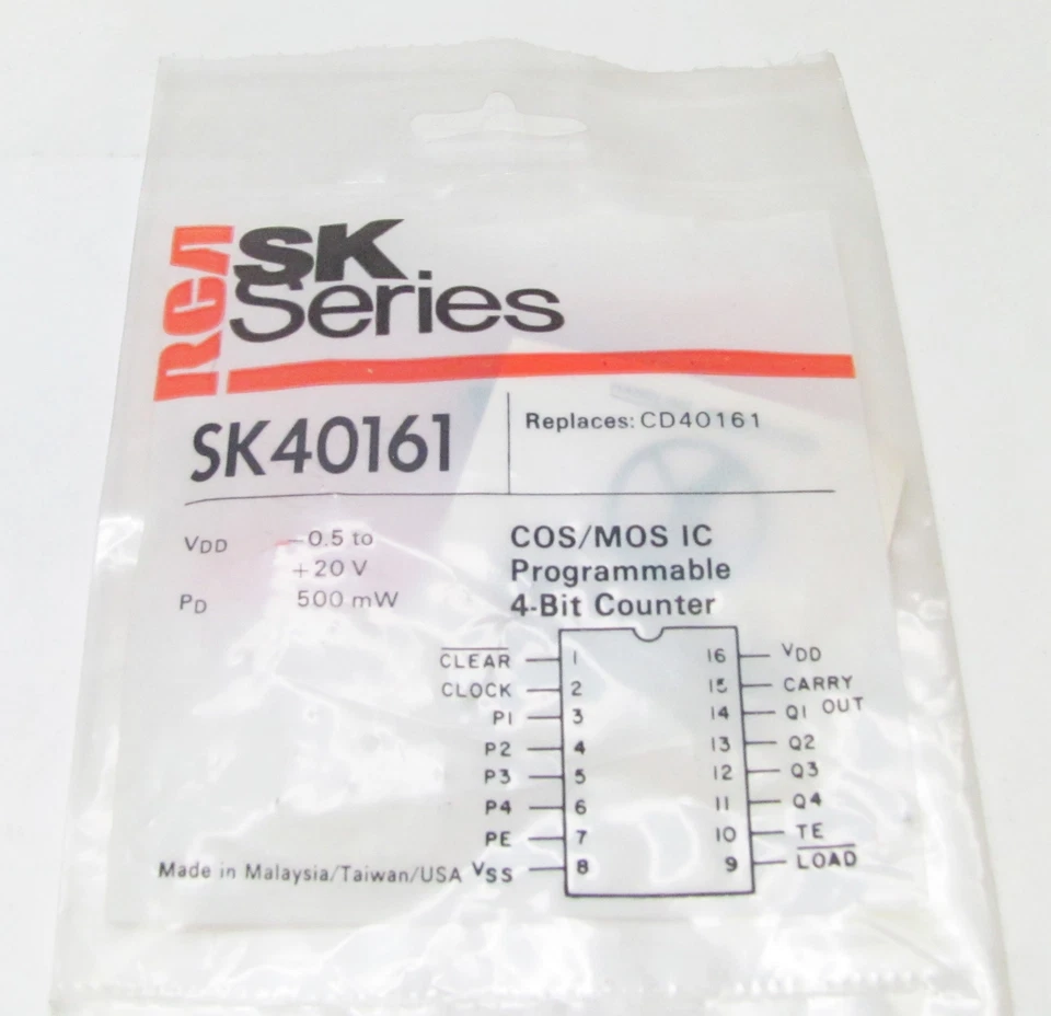 RCA SK40161 - Synchronous Programmable 4-Bit Counter CMOS 16-Lead DIP IC, NOS - Image 1 of 1
