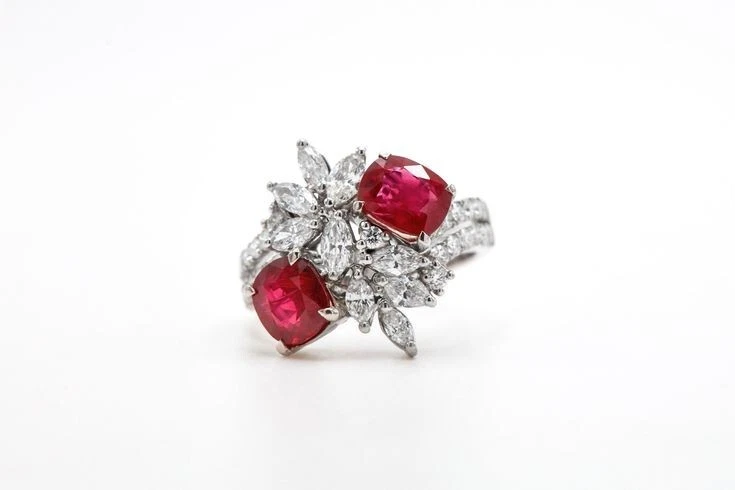 Cluster Wedding Ring With Simulated 3.15 TCW Pigeon Blood Ruby & White Sapphire - Image 1 of 4