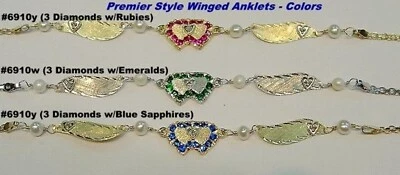 Nueva tobillera alada de oro de 14K con 3 corazones de diamantes/grabado sin piedras de nacimiento Foto 1 de 4