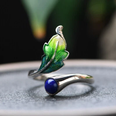 I05 Anello Cloisonné Foglia Verde E Lapis Lazuli Blu Argento 925 Regolabile - Immagine 1 di 4