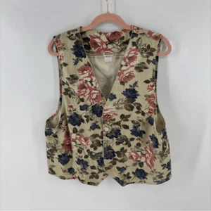 Gilet smanicato anni 90 denim panna pastello grande floreale abbottonato donna large - Foto 1 di 4