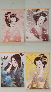4 Japanese Art Print Wall Hanging Canvas Scroll Decor Female Gesha Lot - Picture 1 of 9