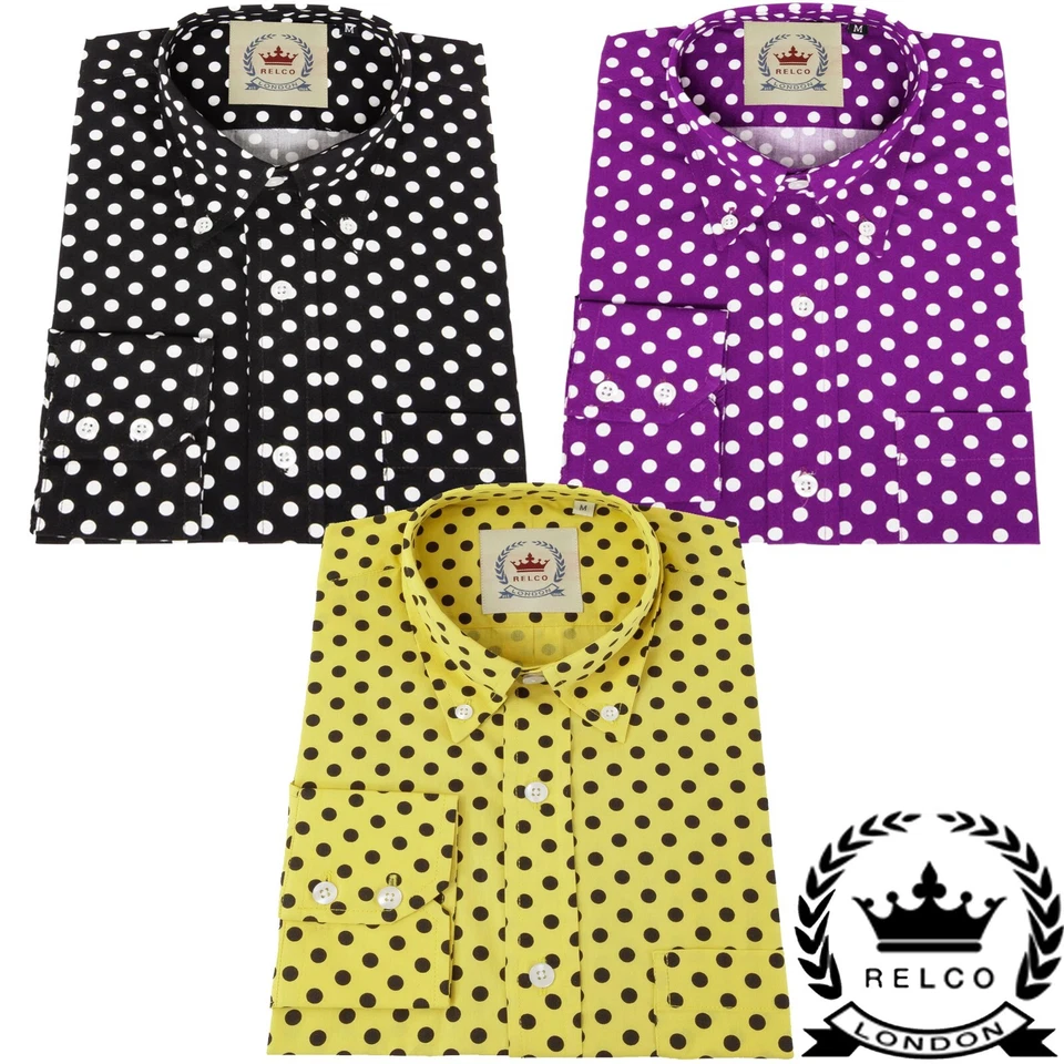 Relco Mens Black Purple Mustard Polka Dot Long Sleeve Shirt Button Down Collar - Image 1 of 1