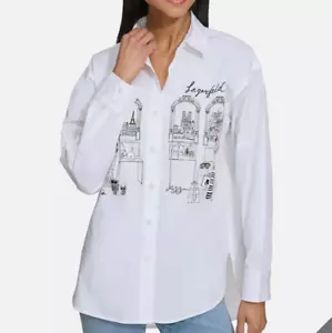 Karl Lagerfeld Womens Shirt XL City Scene Store White Button Down Top Blouse NWT - Picture 1 of 11
