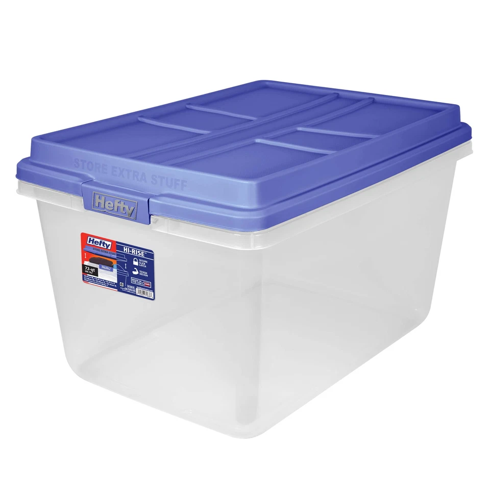 Hefty 72 Quart Clear Plastic Storage Bin with Blue HI-RISE Lid, Adult - Image 1 of 4