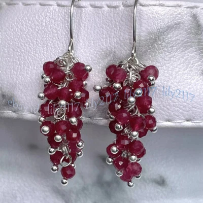 Pendientes de gancho de plata colgantes de uva cuentas redondas de piedras preciosas granate rojo facetado de 4 mm Foto 1 de 4