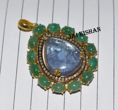 Smaragd Tansanit Edelstein Pave Diamant 925 Sterlingsilber Anhänger mit Kette - Bild 1 von 4