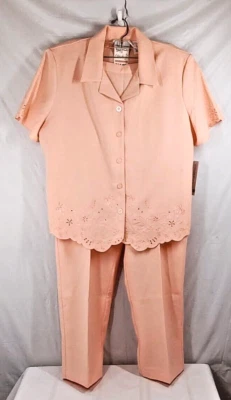 Alfred Dunner 2 件套裤子套装 14 上衣 16 粉色桃眼刺绣全新标签 — 第 1/4 张图片