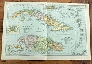 1890 large double page map - g.w. bacon . cuba & jamaica ! - Picture 1 of 3