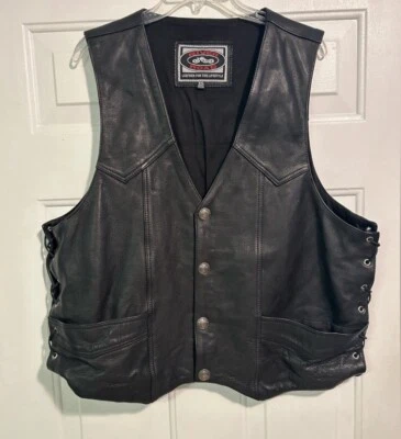 RIVER ROAD 黑色皮革骑行自行车背心水牛镍纽扣男式 3X 码 — 第 1/4 张图片