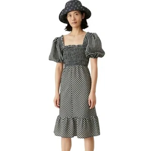 Ganni Searsucker Midi Dress Black White Plaid Check New With Tags Size 36 US 6 - Picture 1 of 10