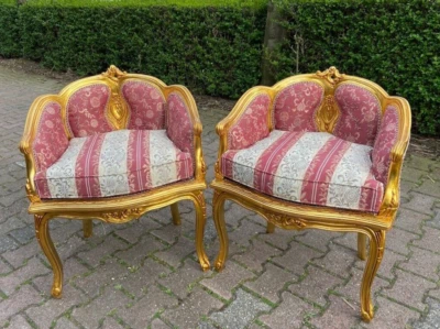 Par de sillas francesas Luis XVI Bergere hoja de oro talladas a mano de lujo vintage Foto 1 de 4