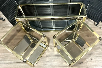 1970's Hollywood Regency Gold Metal Accent End Tables Smoke Glass Console Set Mi - Image 1 of 4