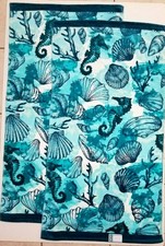 Kassafina Beautiful Seahorse Seashell Ocean Sea Blue Plush Bath Towels Set of 2