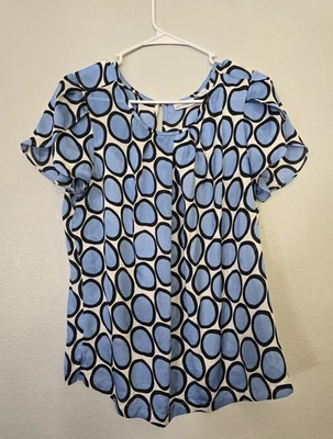 Liz Claiborne Sheer Shortsleeve Top Size Large White Blue Polka Dots EUC - Image 1 of 3
