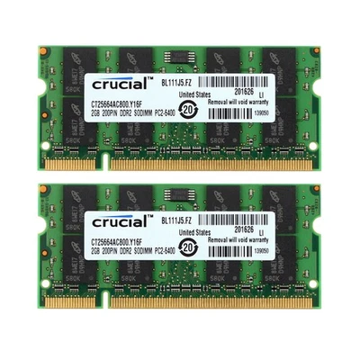 Kit Crucial de 4 GB (2x 2 GB) DDR2 800 MHz Laptop Memoria PC2-6400S SODIMM RAM Notebook - Imagen 1 de 4