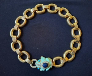 J Crew Gold Plated Brass Link Chain Jeweled Enamel Frog Clasp Statement Necklace - Picture 1 of 13