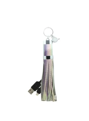 Rebecca Minkoff Handbag Leather Tassel Key Fob Iridescent Silver Hardware New - Image 1 of 4