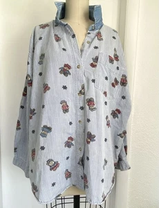 90s Vintage Top Womens Blue Striped Teddy Bear Print Button Shirt Denim READ - Picture 1 of 5