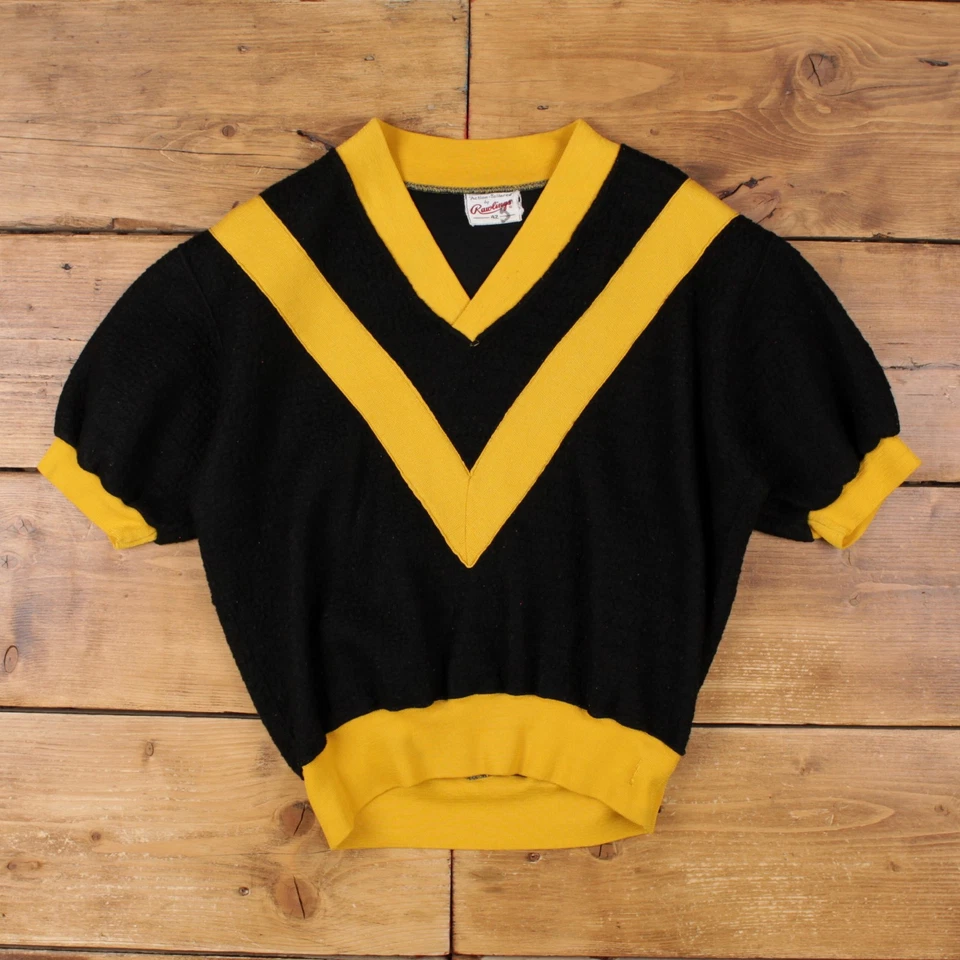 Sudadera polar Rawlings vintage bloque de color L años 60 cuello en V para mujer amarilla Foto 1 de 4