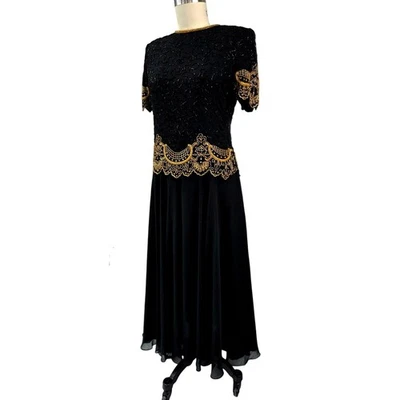Maxi Vestido De Colección Años 80 Brilliante por JA Negro Dorado Cuentas Talla L Hecho en India Foto 1 de 4