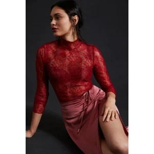 ANTHROPOLOGIE Rot Blumen Spitze Lagenlook Rollkragen Langarm Urlaub Top XS - Bild 1 von 10