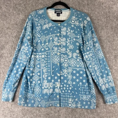 Cardigã Lands End Suéter Feminino 1X Azul Paisley 100% Supima Algodão Casual - Imagem 1 de 4
