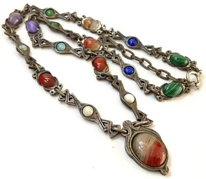 Vintage Signed Miracle Lovely Mixed Imitation Glass Agate Panel Link Necklace - Picture 1 of 9