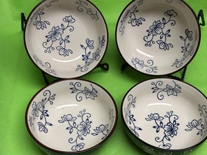 NEW  (4)  Temp Tations  8" Cereal Bowls Cobalt Blue Floral Lace by Tara - Picture 1 of 4