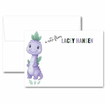Papelería personalizada de dinosaurios para niños tarjetas de notas púrpuras regalo para niñas (CONJUNTOS DE 20) Foto 1 de 4