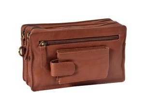 Mens Wrist Leather Bag Multi Zip Clutch Grab Mobile Money Travel Purse Brown - Picture 1 of 7