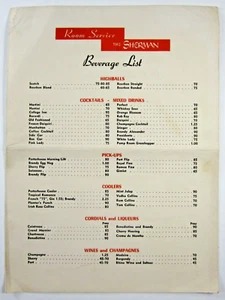 Cocktail Drink Wine Menu Sherman Hotel Room Service Chicago IL 1950-60s - Picture 1 of 3
