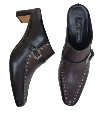 $175 BRIGHTON 8M Zapatos Mules Tacones Tempe Tachonados Negro/Marrón Mules Foto 1 de 4