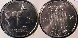 Zambia 1964 2 Shillings Reedbuck KM-3 Nickel brass 5K minted BUNC Proof #10 - Picture 1 of 1
