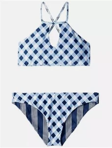 NWT Splendid Girls 10 Gingham & Stripe Reversible Blue White Bikini 116793 - Picture 1 of 4
