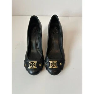 Tory Burch Tory Burch Black Leather Amanda Wedge Pumps - Picture 1 of 6