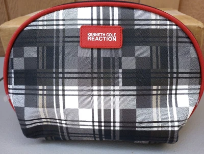 Bolsa de cosméticos de maquillaje Kenneth Cole Reaction con cremallera a cuadros negra/blanca/gris roja cremallera Foto 1 de 4