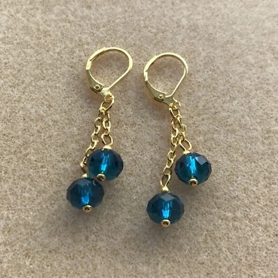 Dark Turquoise Faceted Crystal Beads Gold Plated Drop Earrings in Gift Bag — 第 1/4 张图片