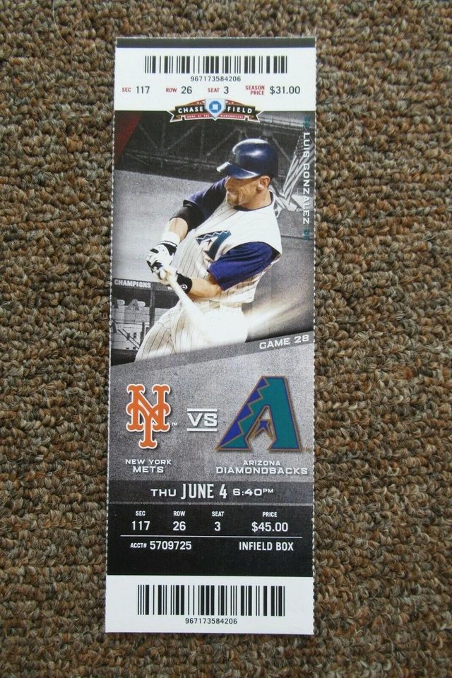 ARIZONA DIAMONDBACKS VS METS 6/4/2015 FULL TICKET ~ MAYBERRY/GOLDSCHMIDT+ HRs  - Imagem 1 de 1