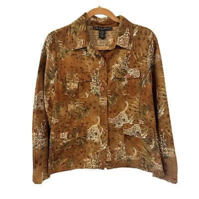 复古 Silkland Exotic Tiger Cheetah 印花丝绸衬衫夹克,尺寸 M — 第 1/4 张图片