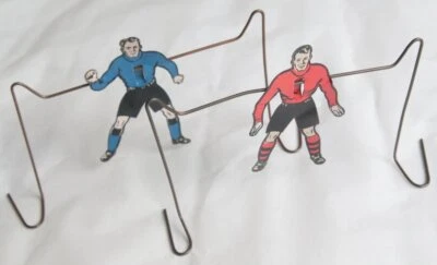 Vintage Wire Football Goals w/ Hanging Goalkeepers in Red / Blue Metal - Image 1 of 4
