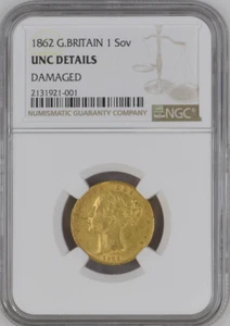 :1862 GREAT BRITAIN VICTORIA GOLD SOVEREIGN NGC UNC DETAILS LOW POP HIGH-GRADES - Picture 1 of 2